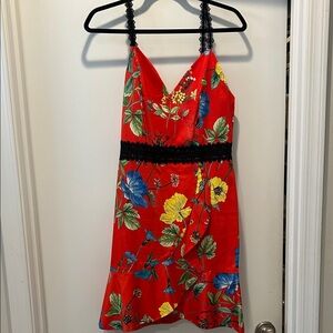 Alice + Olivia Red Floral Dress with Black Lace Detail